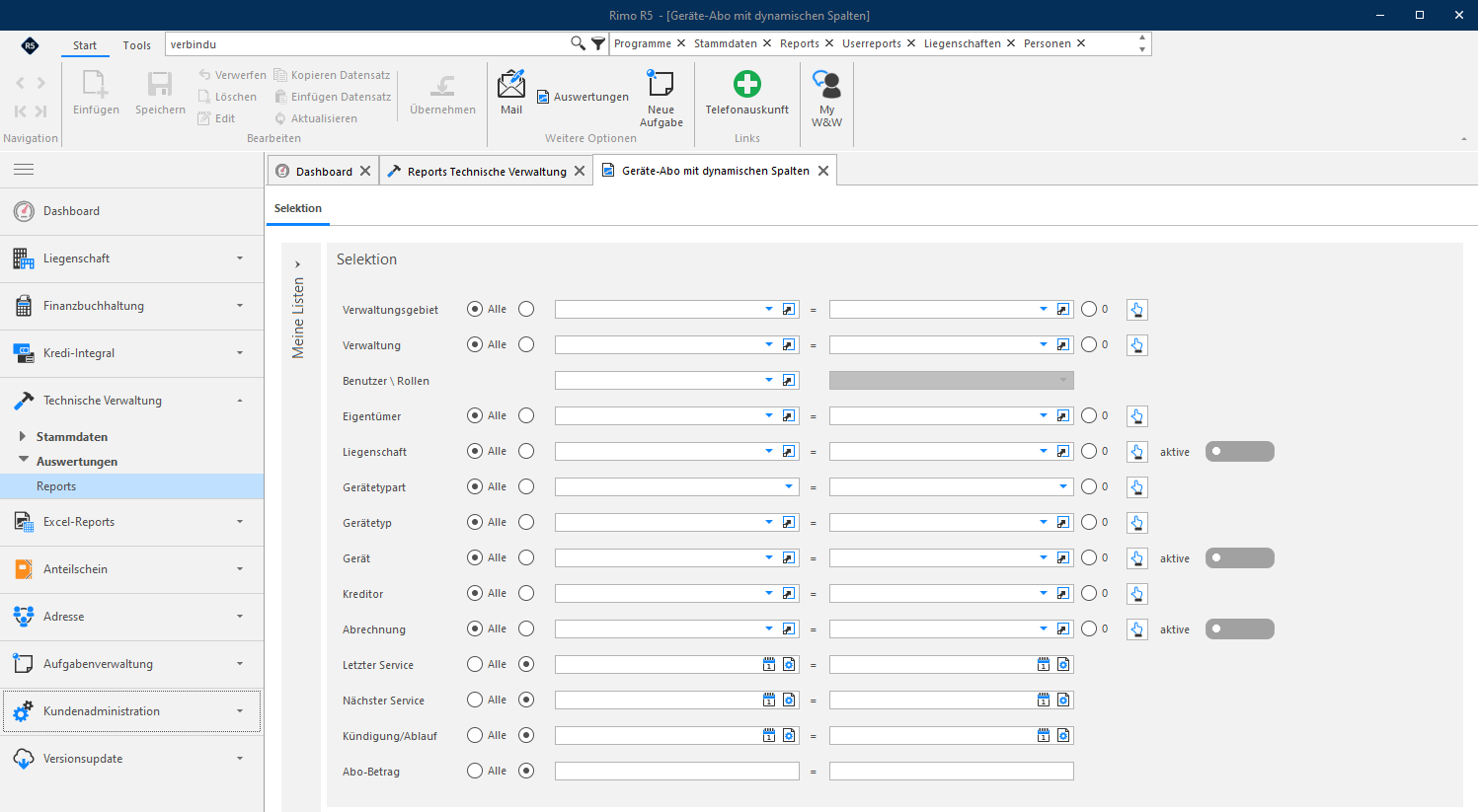 Screenshot: Selektionsmaske des Reports «Geräte-Abo mit dynamischen Spalten» mit Filterkriterien wie Verwaltungsgebiet, Liegenschaft, Gerätepart, Gerätetyp, Gerät, Kreditor, Abrechnung, Letzter/Nächster Service und Kündigung/Ablauf