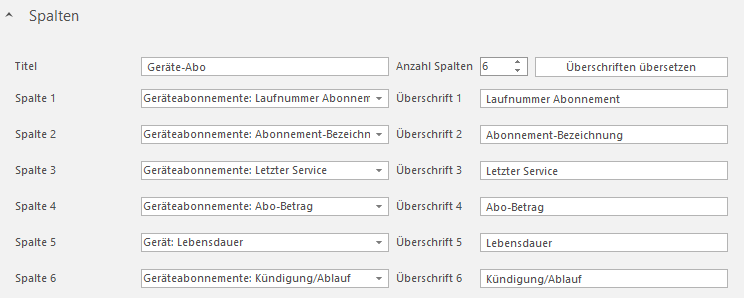 Screenshot: Spalten-Konfiguration des Reports «Geräte-Abo» mit sechs Spalten (Geräteabonnements: Laufnummer Abonnent, Abonnement-Bezeichnung, Letzter Service, Abo-Betrag; Gerät: Lebensdauer, Kündigung/Ablauf)