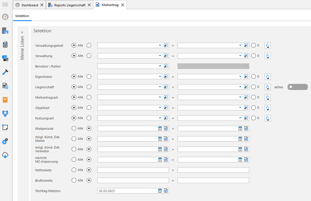Screenshot: Register Selektion des Reports Mietvertrag mit erweiterten Selektionskriterien wie Verwaltungsgebiet, Eigentümer, Liegenschaft, Mietvertragsart, Objektart, Mietperiode und Nettomiete