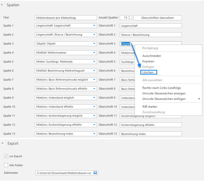 Screenshot: Register Spalten und Export mit 13 frei wählbaren Spalten («Mietzinsbasen pro Mietvertrag»), Rechtsklick-Kontextmenü zum Löschen einer Spalte sowie den Export-Optionen «csv Export», «Alle Felder» und Dateiname