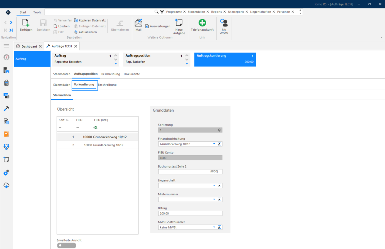 Screenshot: Register Vorkontierung einer Auftragsposition mit dem Button Einfügen