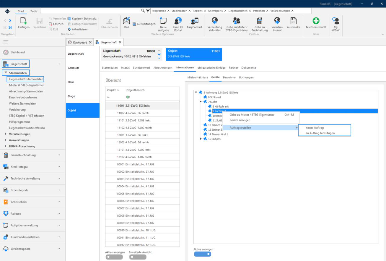 Screenshot: Kontextmenü eines Geräts in den Objekt-Stammdaten mit der Funktion Auftrag erstellen