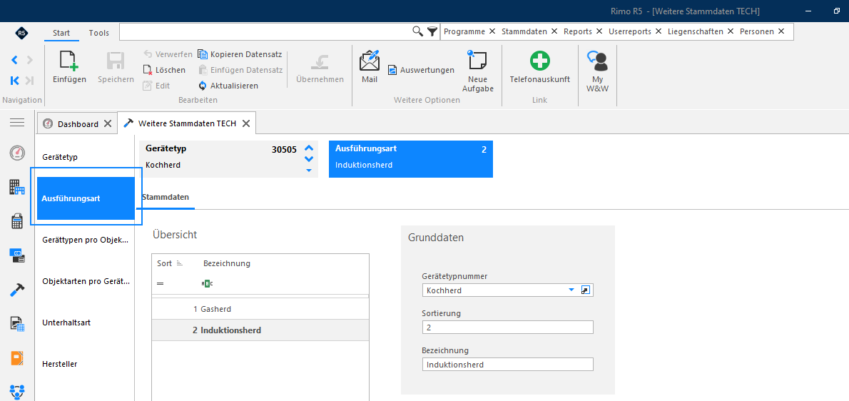 Screenshot: Ausführungsarten eines Gerätetyps in der Übersicht