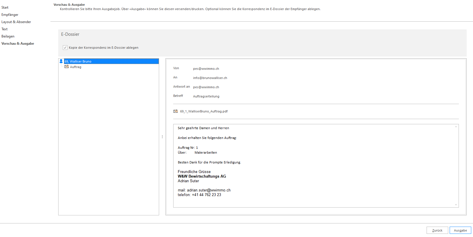 Screenshot: Ausgabejob mit ausgewähltem Auftrag und Begleitmail