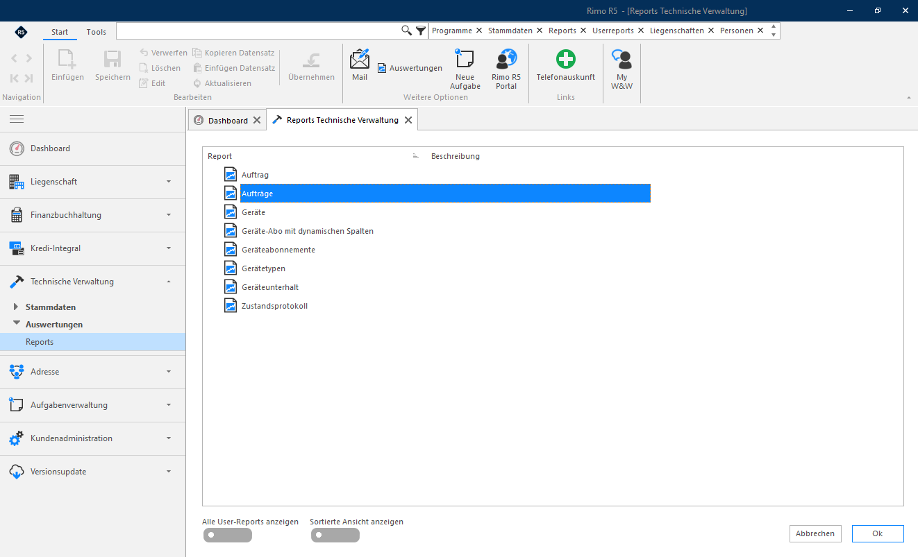 Screenshot: Report-Liste der Technischen Verwaltung