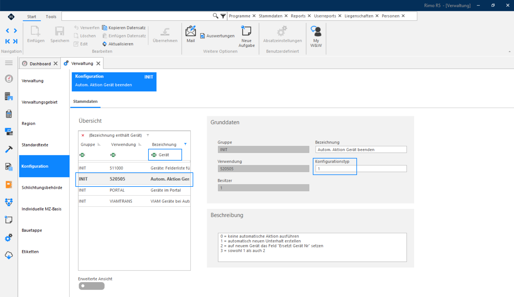 Screenshot: Konfigurationseintrag «Gerät» mit Optionen für das Enddatum eines Geräts