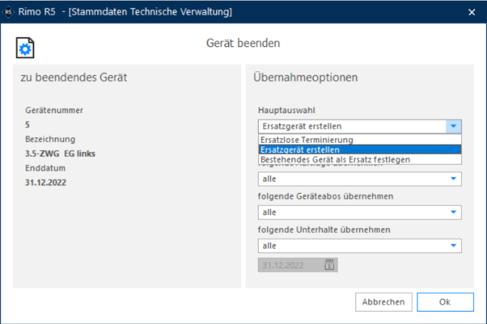 Screenshot: Dialog «Gerät beenden» mit Auswahl für Ersatzgerät und Übernahmeoptionen