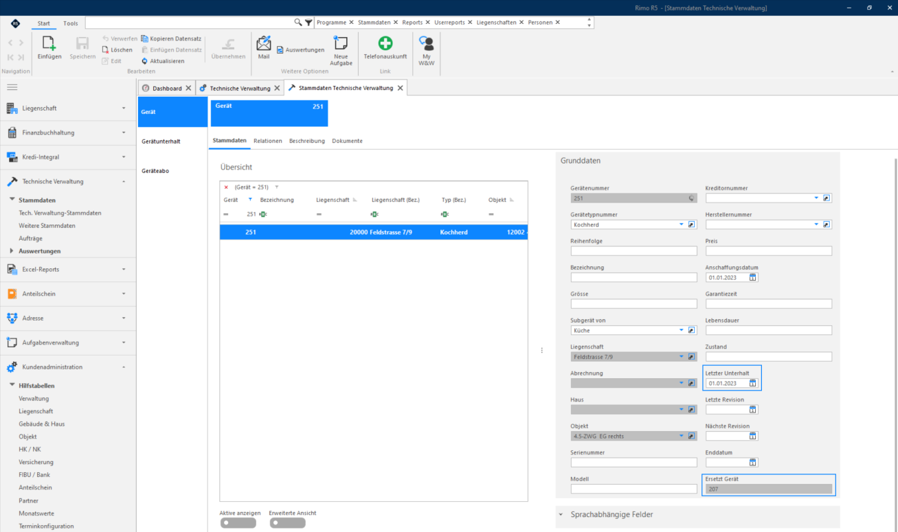 Screenshot: Neues Ersatzgerät in den Tech. Verwaltung-Stammdaten mit eingetragenem Feld «Ersetzt Gerät»