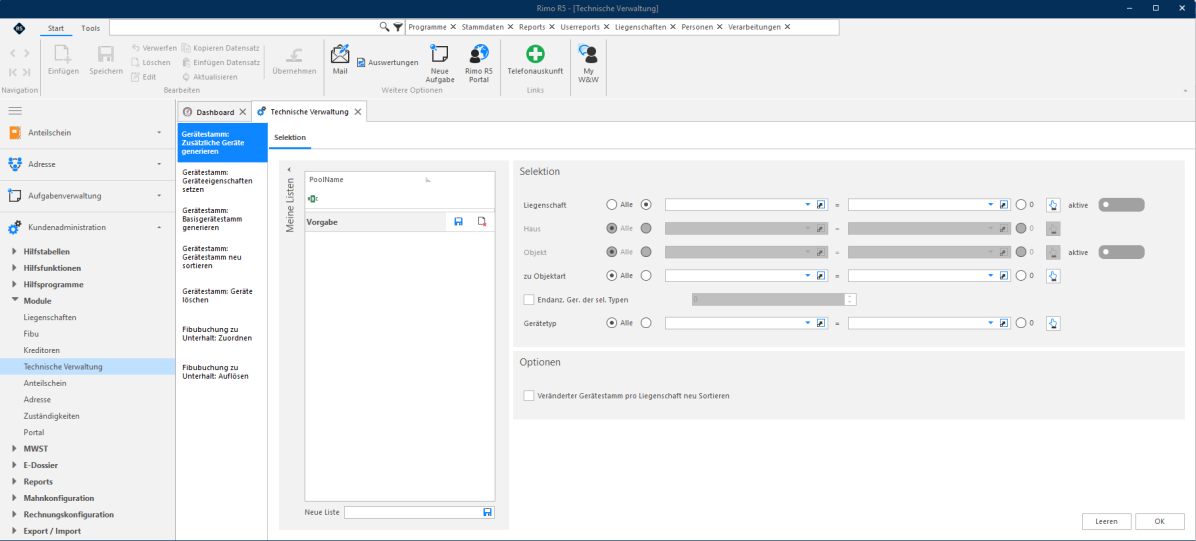 Screenshot: Funktion «Zusätzliche Geräte generieren» mit Selektionen für Liegenschaften, Objektarten und Gerätetypen