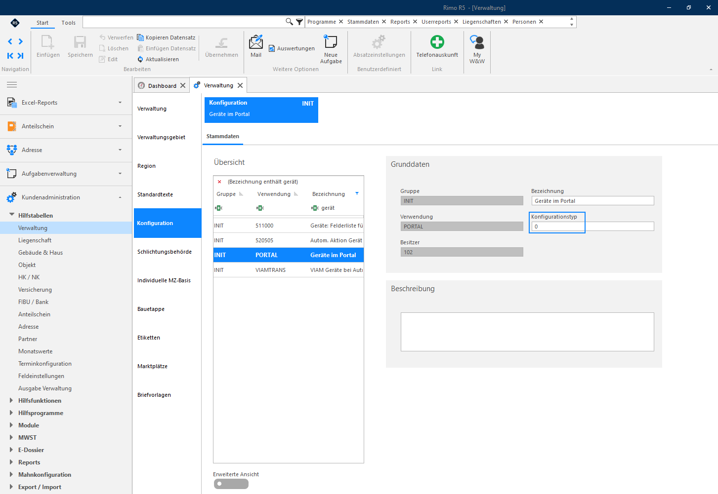 Screenshot: Konfigurationseintrag «Geräte im Portal» mit Schalter für die Synchronisierung