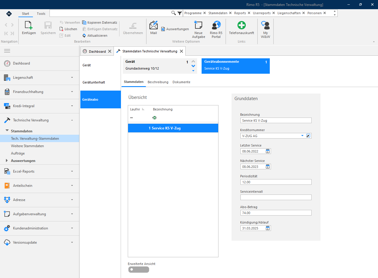 Screenshot: Tech. Verwaltung-Stammdaten im Register «Geräteabo» mit Grunddaten eines Geräteabonnements
