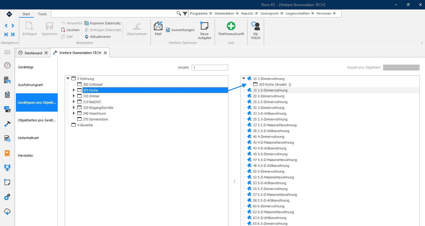 Screenshot: Zuordnung von Gerätetypen zu Objektarten per Drag and Drop