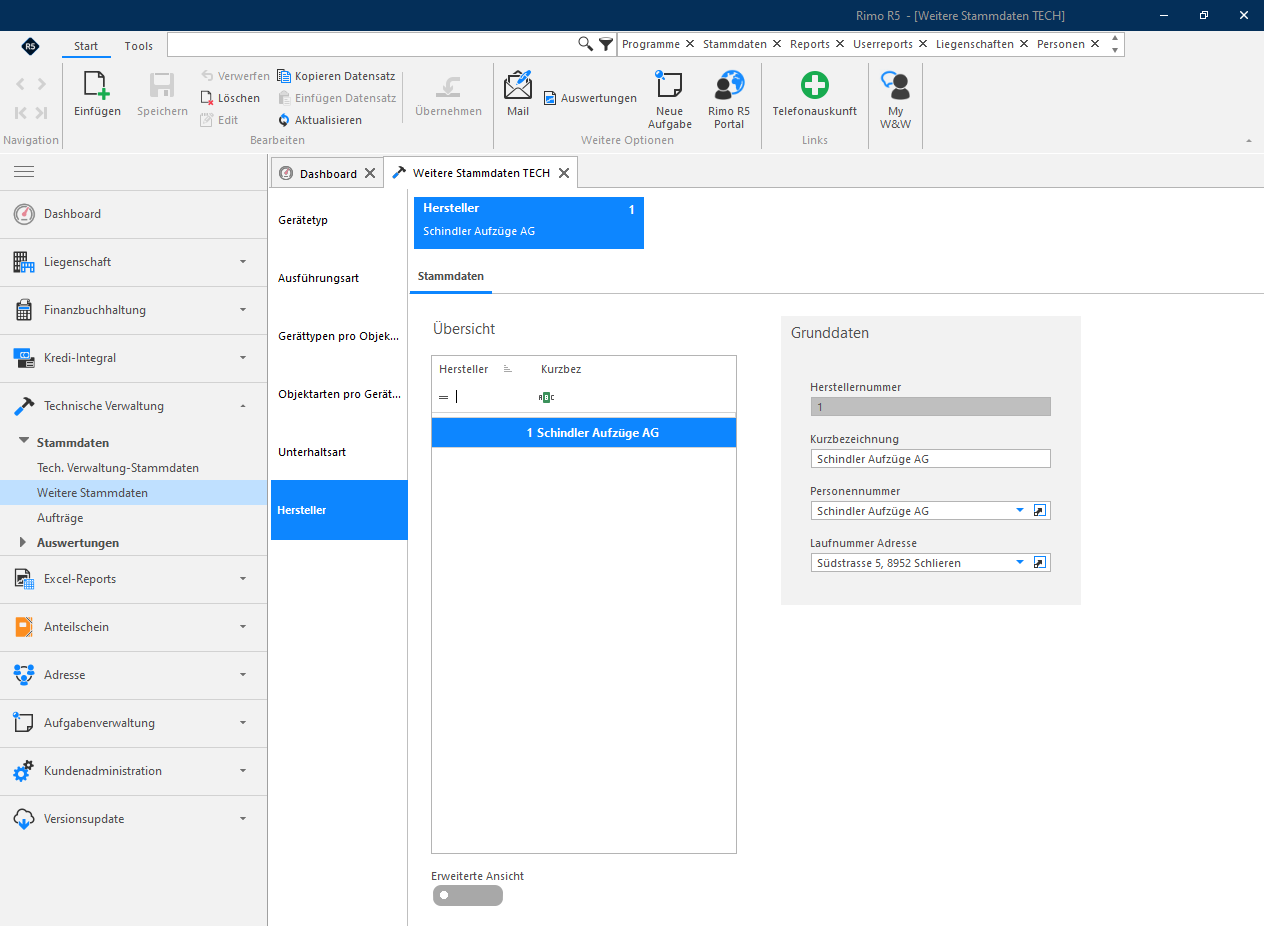 Screenshot: Register «Hersteller» mit hinterlegter Adresse eines Herstellers