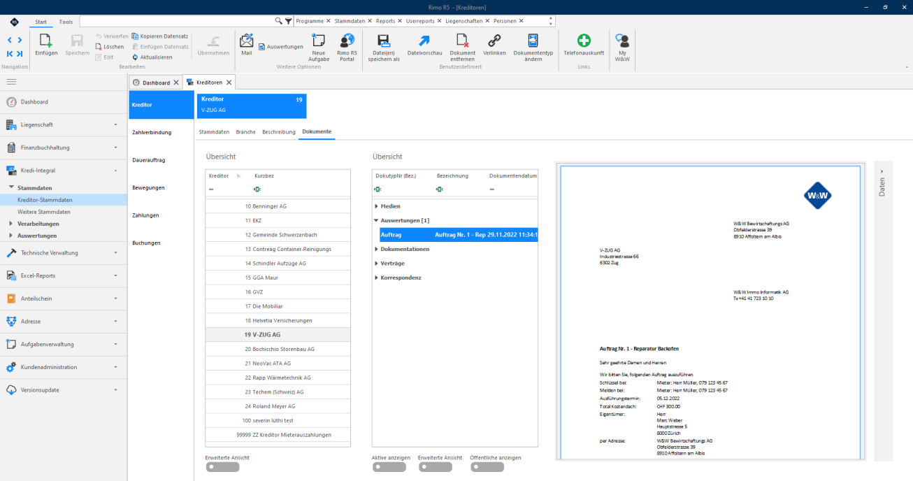 Screenshot: Kreditor-Stammdaten mit dem im Register Dokumente abgelegten Auftrag