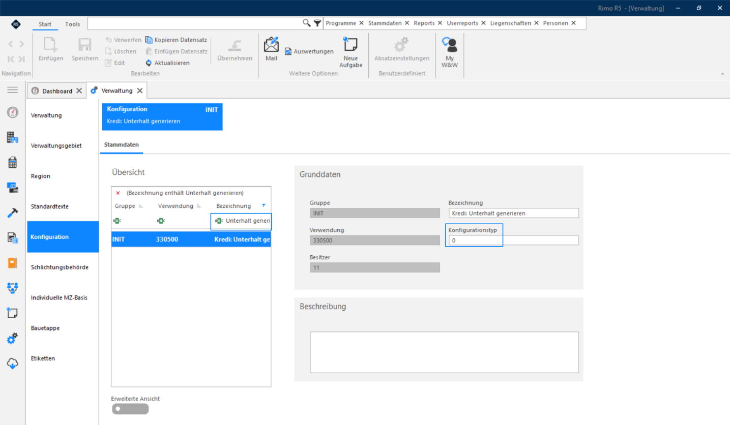 Screenshot: Konfigurationseintrag «Unterhalt generieren» mit aktivem Konfigurationstyp
