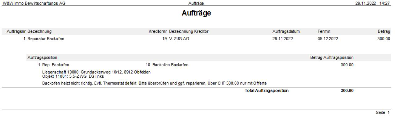 Screenshot: Report Aufträge als Liste der gewählten Auftragsselektion