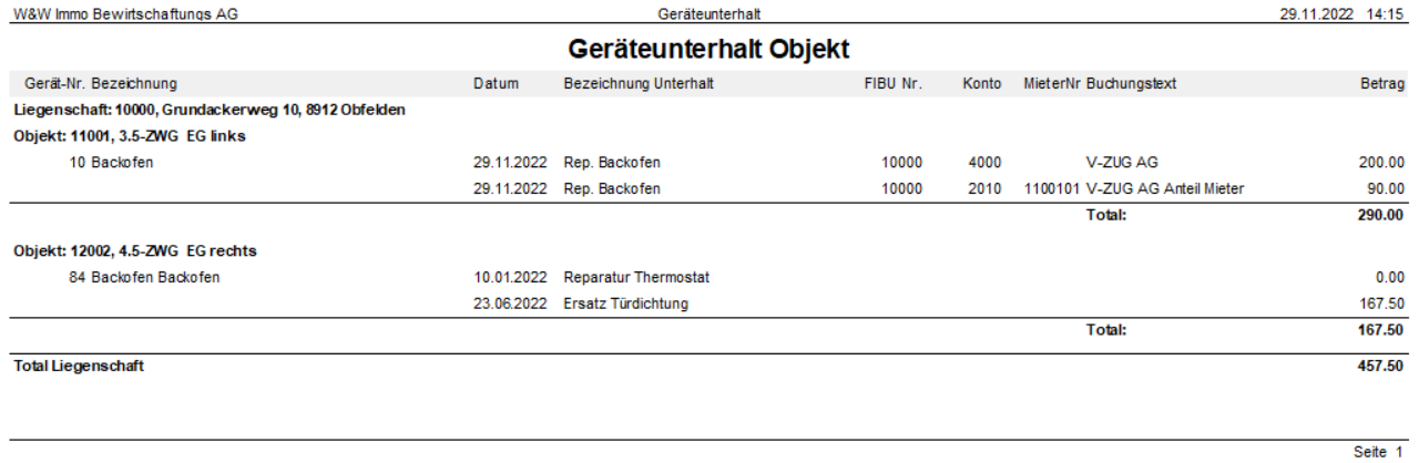 Screenshot: Report Geräteunterhalt mit Beträgen und Total pro Liegenschaft
