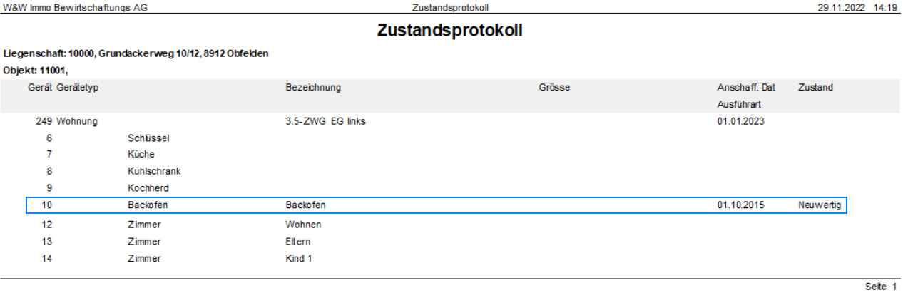 Screenshot: Report Zustandsprotokoll mit Gerätedaten und Zustandsangaben