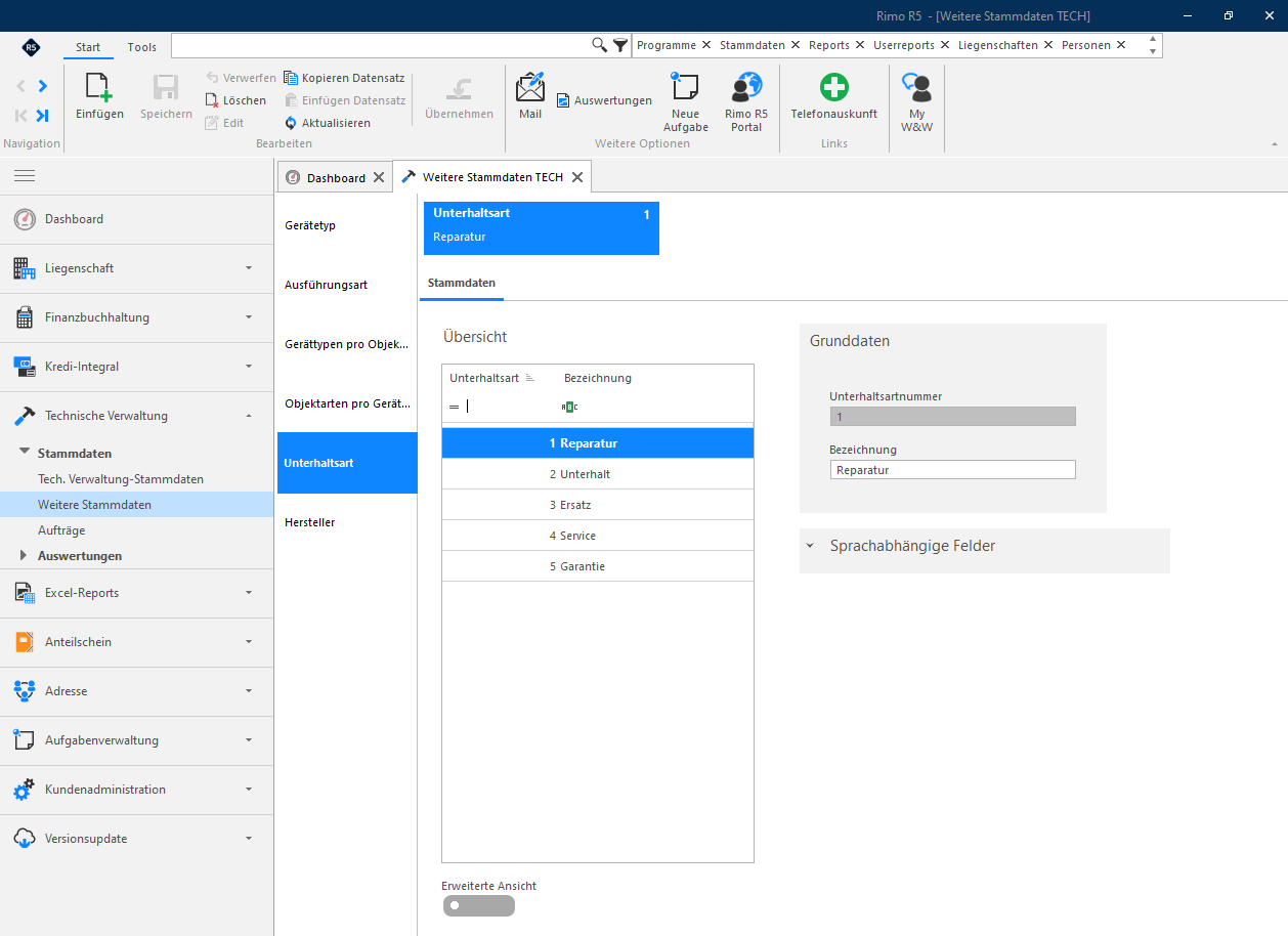 Screenshot: Register «Unterhaltsart» zur Definition von Unterhaltstypen