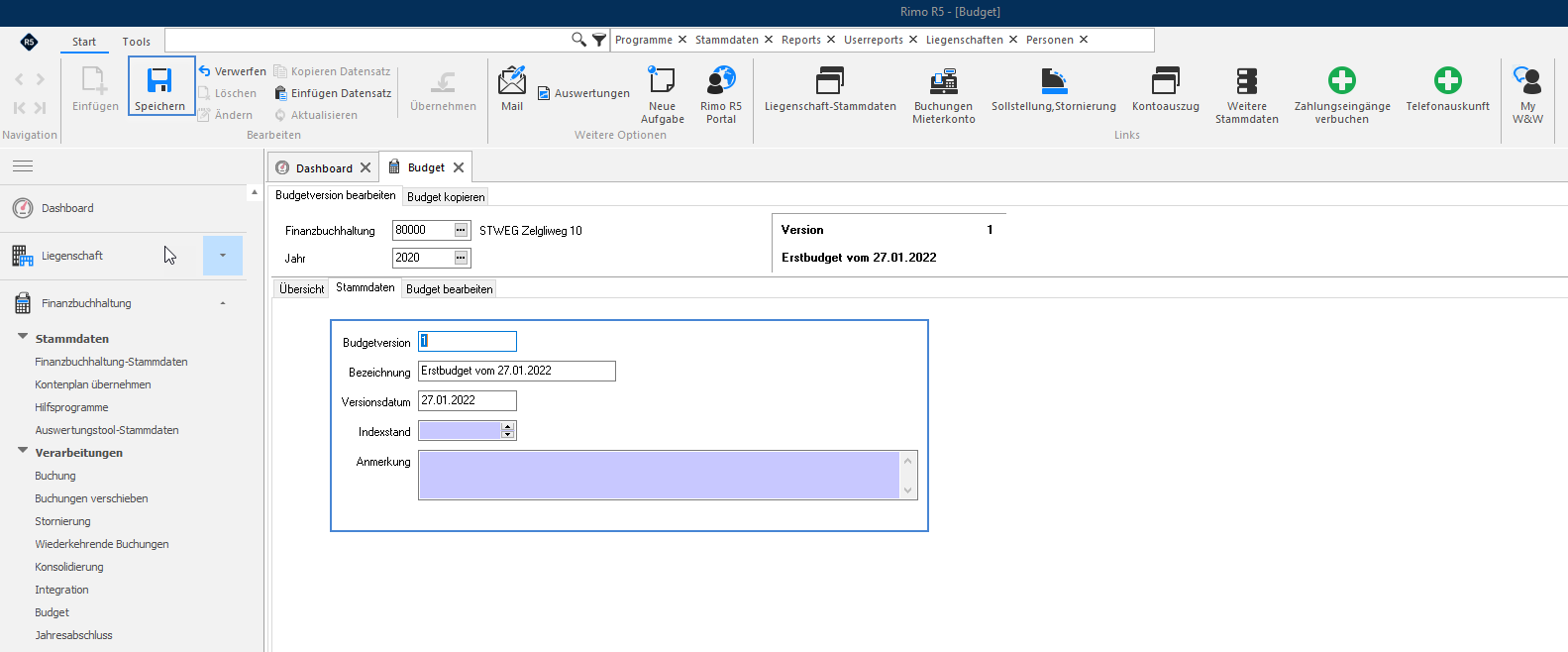 Screenshot: Stammdaten einer Budgetversion mit Bezeichnung, Versionsdatum und Anmerkung