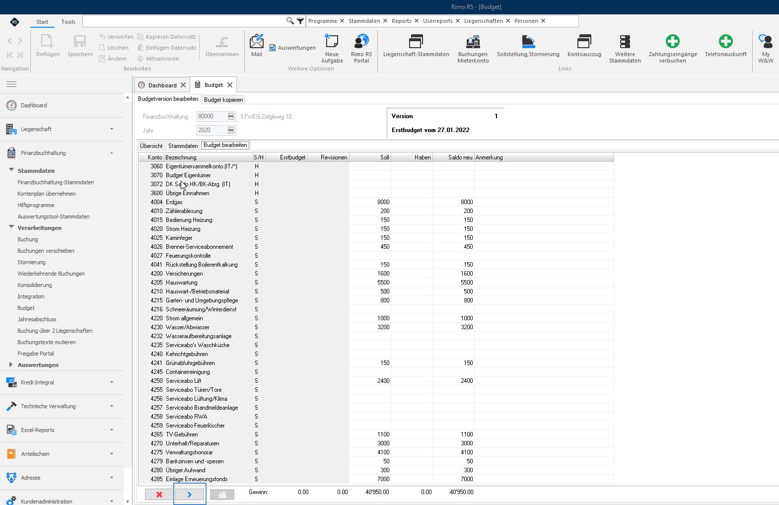 Screenshot: Budget bearbeiten mit erfassten Budgetzahlen pro Konto und markiertem Speichern-Schalter