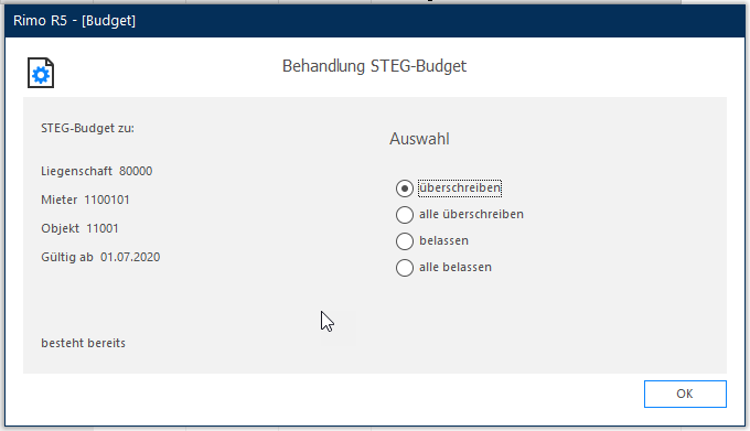 Screenshot: Dialog «Behandlung STEG-Budget» zur Auswahl von Überschreiben oder Belassen