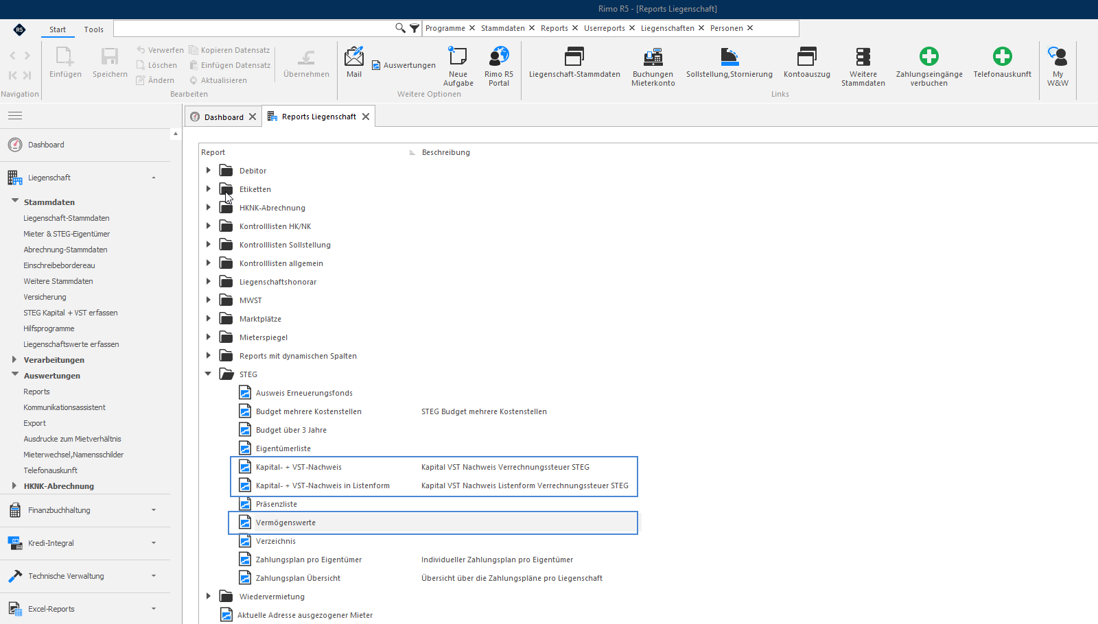 Screenshot: Liegenschaftsreports mit ausgewähltem Report Kapital + VST-Nachweis