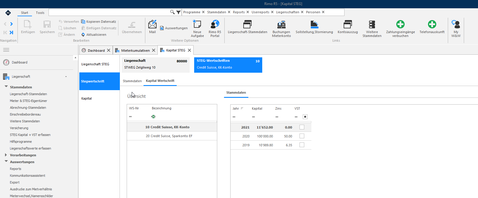 Screenshot: Liegenschaftsreports im Ordner STEG mit Kapital-, VST- und Vermögenswert-Reports