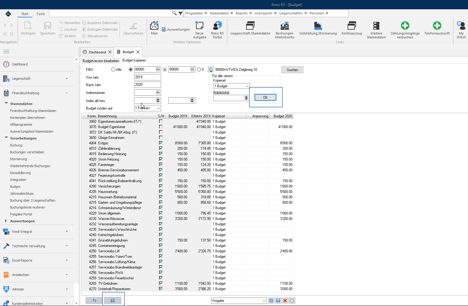 Screenshot: Budgetverwaltung mit Register «Budget kopieren» und Auswahl der Kopierart
