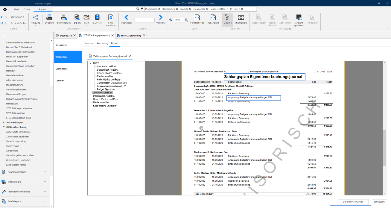 Screenshot: Register Stornieren mit Buchungsjournal des Zahlungsplans