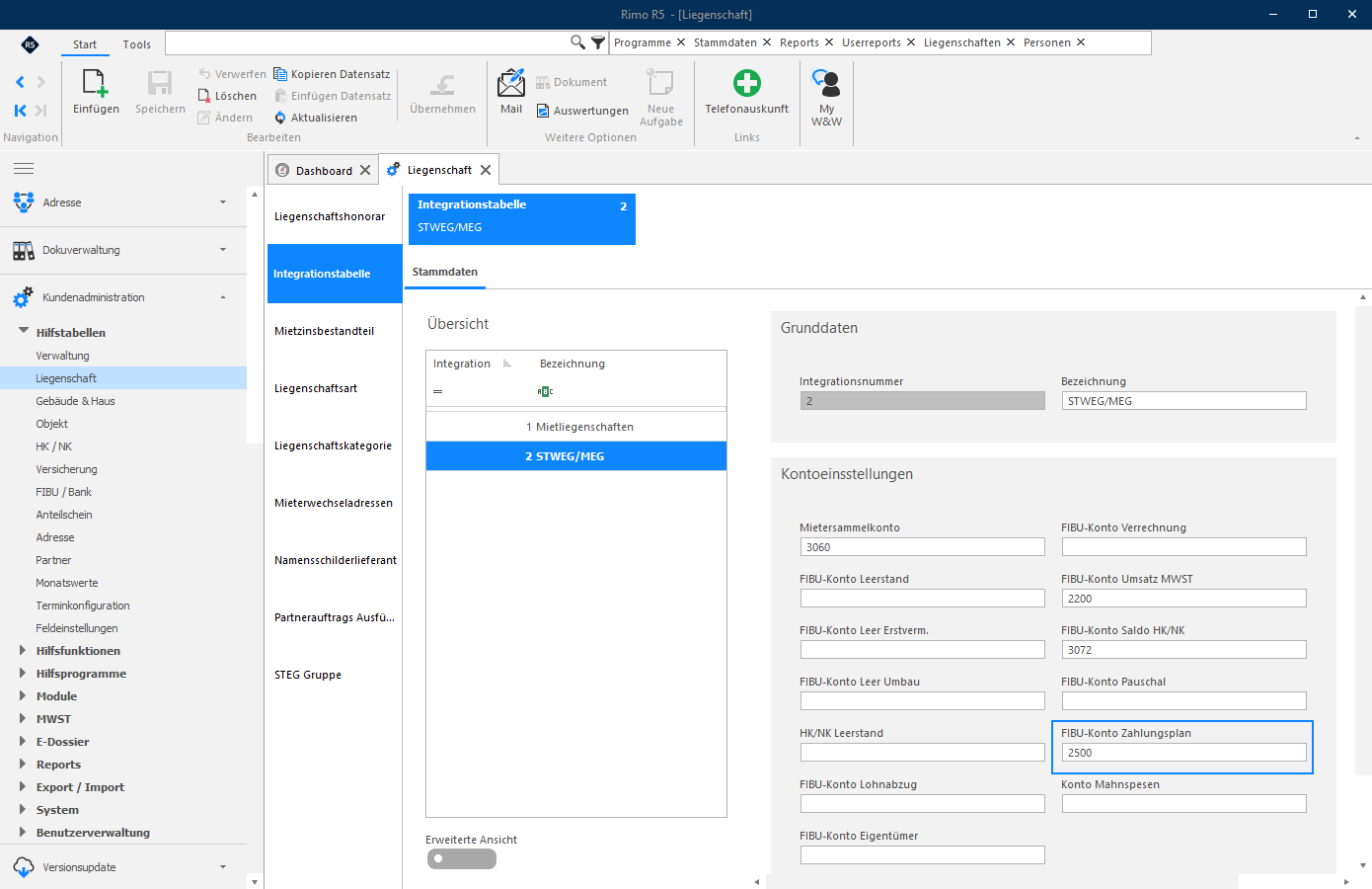 Screenshot: Integrationstabelle STEWG/MEG mit dem Feld FIBU-Konto Zahlungsplan