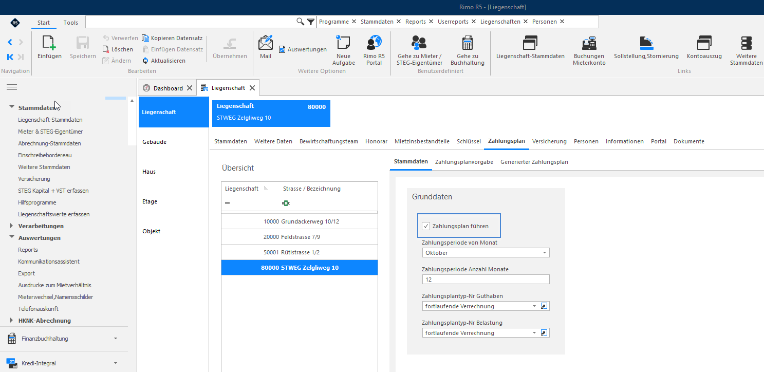 Screenshot: Liegenschaft-Stammdaten im Register Zahlungsplan mit Zahlungsperiode und Zahlungsplantypen