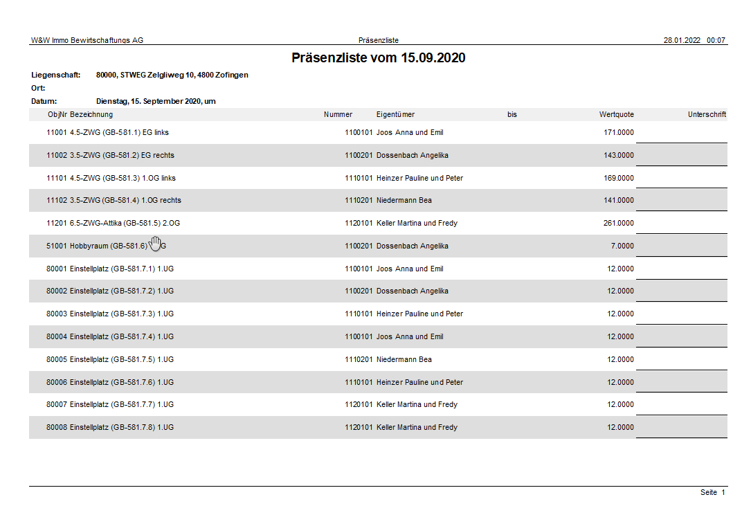 Screenshot: Präsenzliste mit Stellvertretung für eine Stockwerkeigentümer-Versammlung