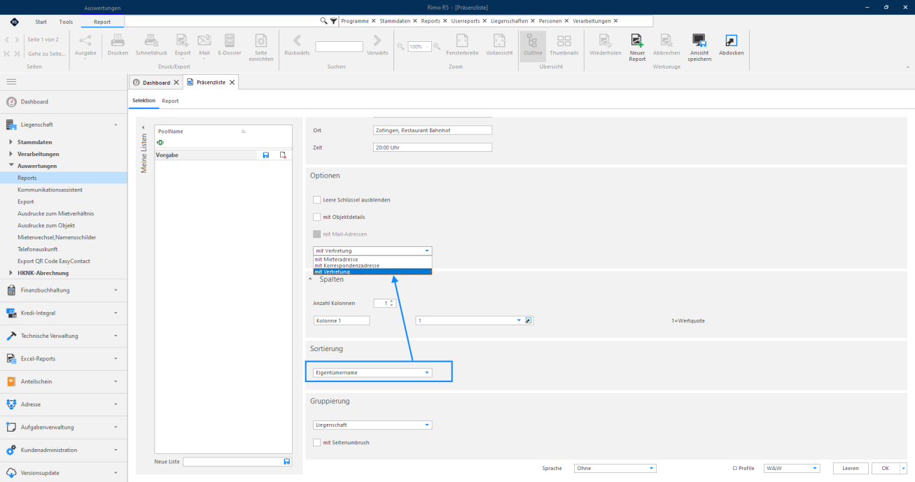 Screenshot: Selektion der Präsenzliste mit eingeblendeter Option mit Vertretung