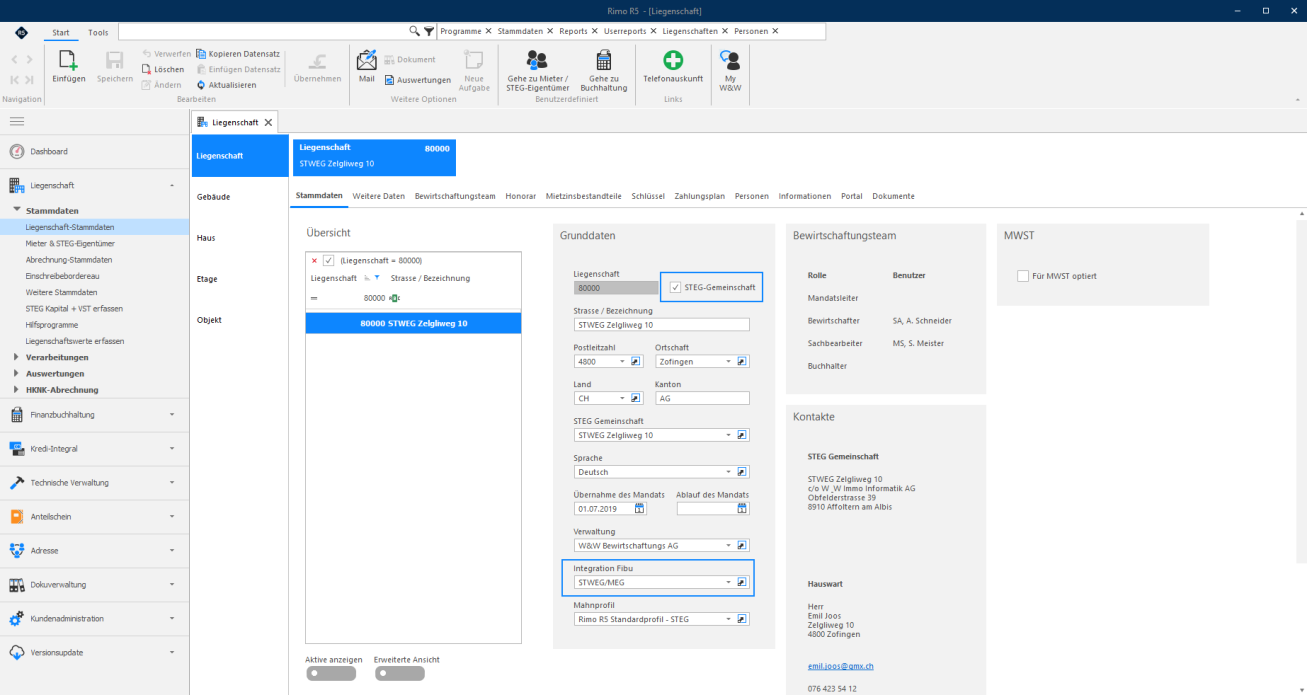Screenshot: Liegenschaft-Stammdaten mit aktivierter STEG-Gemeinschaft und Integrations-FIBU