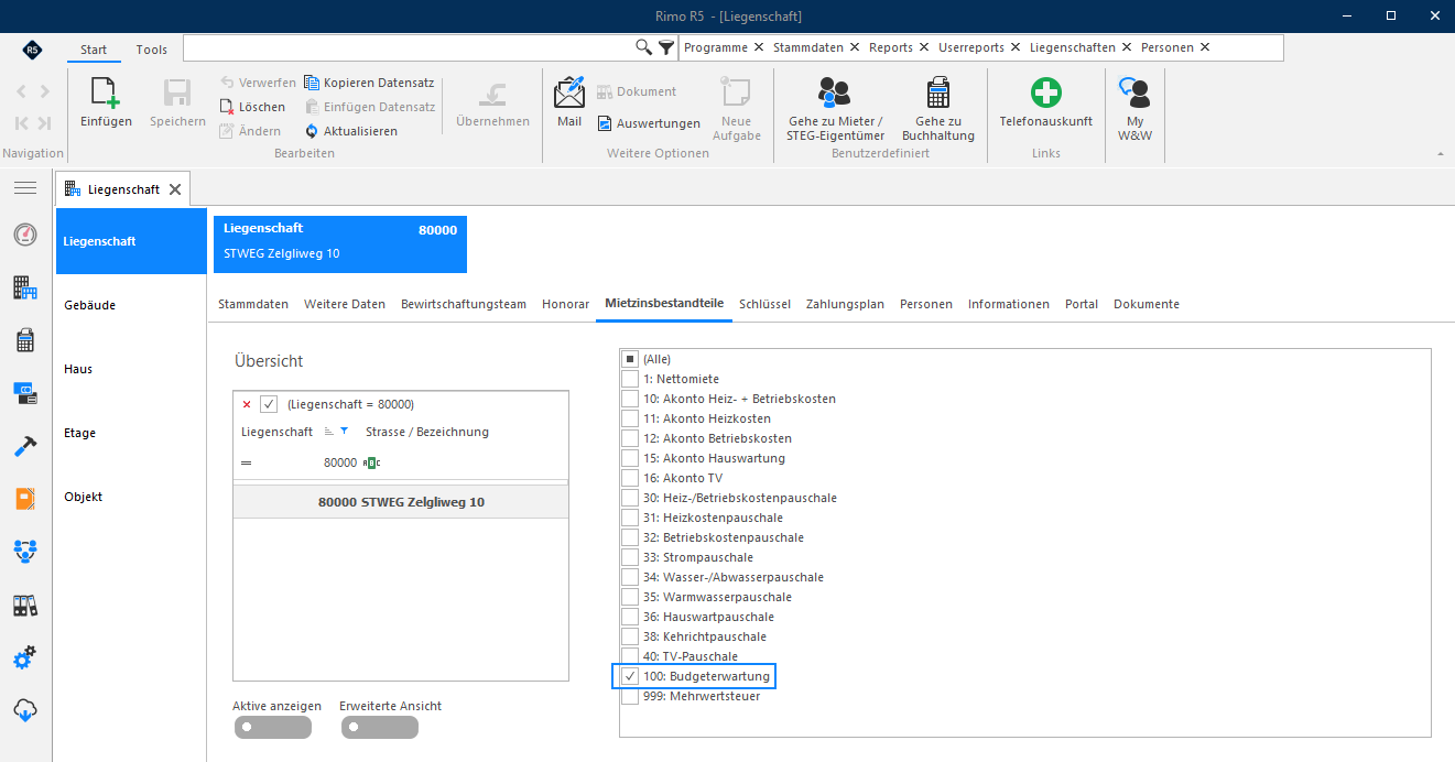 Screenshot: Liegenschaft-Stammdaten im Register Mietzinsbestandteile mit ausgewählter Budgeterwartung