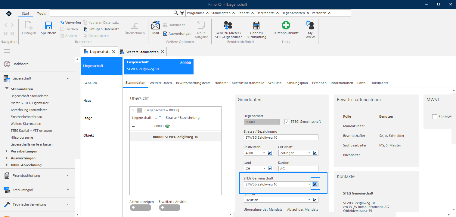 Screenshot: Liegenschaft-Stammdaten mit Absprung-Icon zur STEG-Gemeinschaft