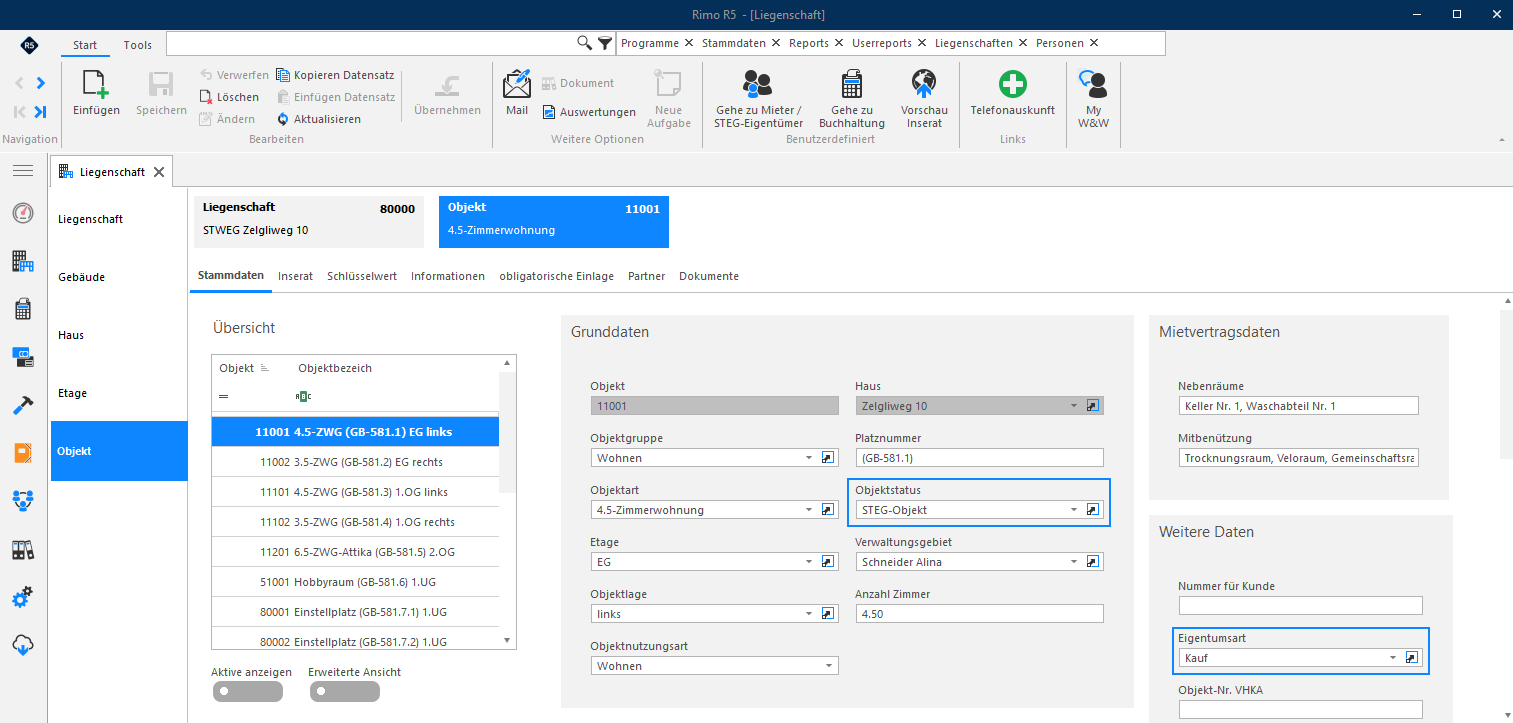 Screenshot: Objekt-Stammdaten mit Objektstatus STEG-Objekt und Eigentumsart Kauf