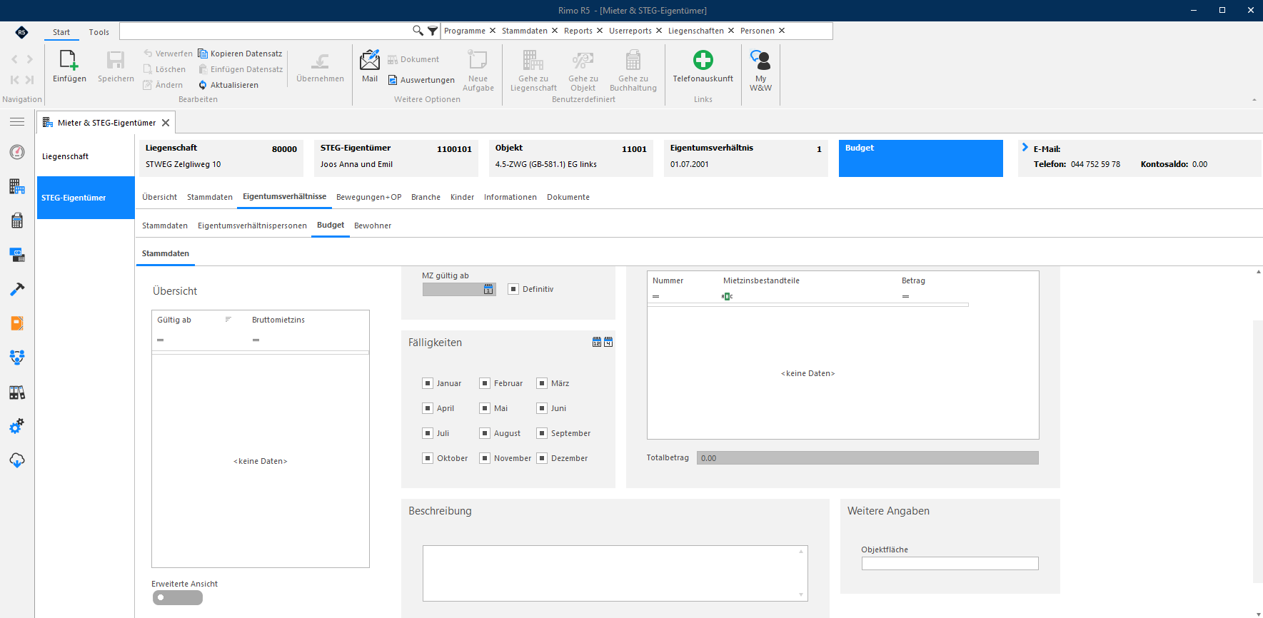 Screenshot: Register Budget eines Eigentumsverhältnisses ohne manuell erfasste Beträge