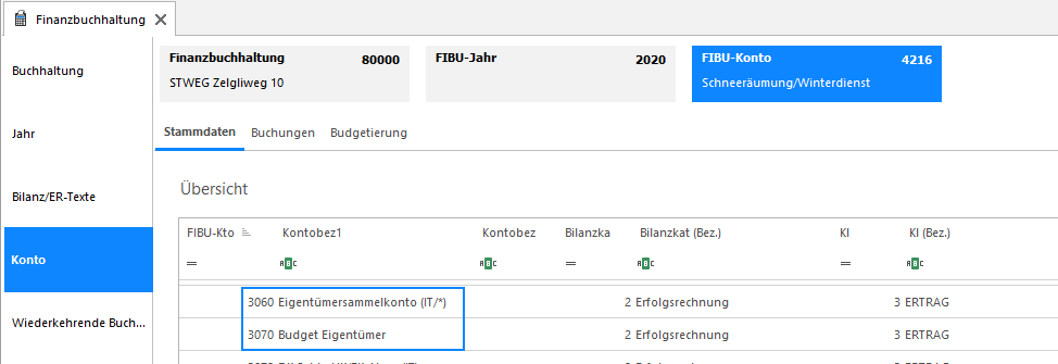 Screenshot: Finanzbuchhaltung mit den Ertragskonten Eigentümersammelkonto und Budget Eigentümer