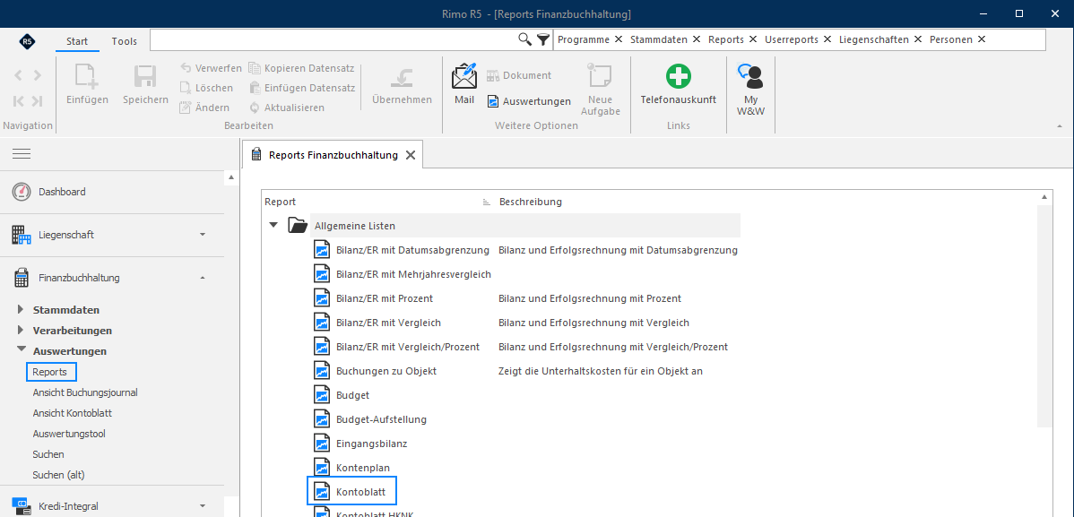 Screenshot: Reportauswahl Finanzbuchhaltung mit markiertem Kontoblatt