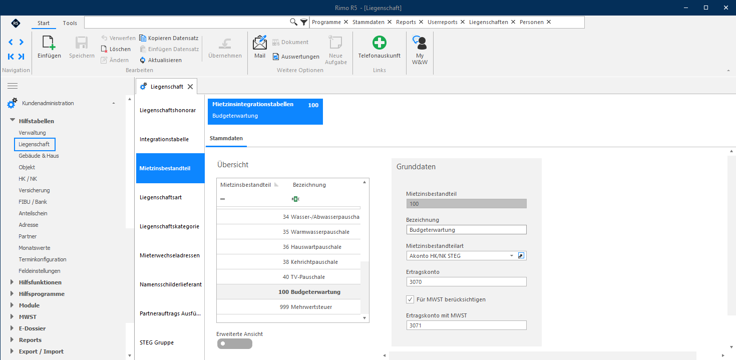 Screenshot: Mietzinsbestandteil Budgeterwartung mit hinterlegtem Ertragskonto