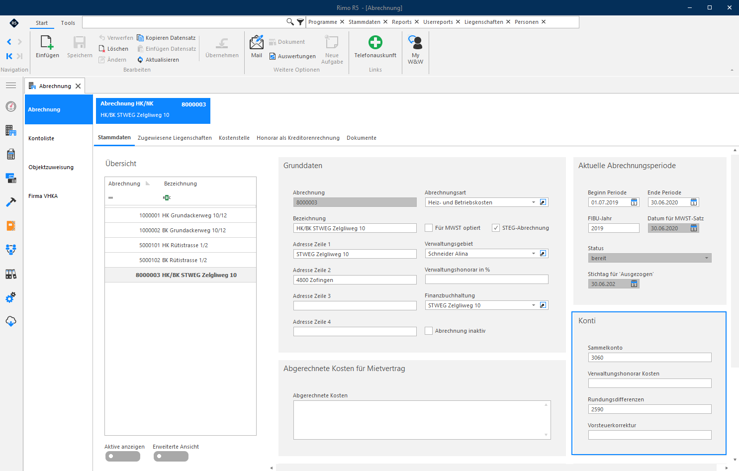 Screenshot: Abrechnung-Stammdaten mit Konti für Sammelkonto und Rundungsdifferenzen