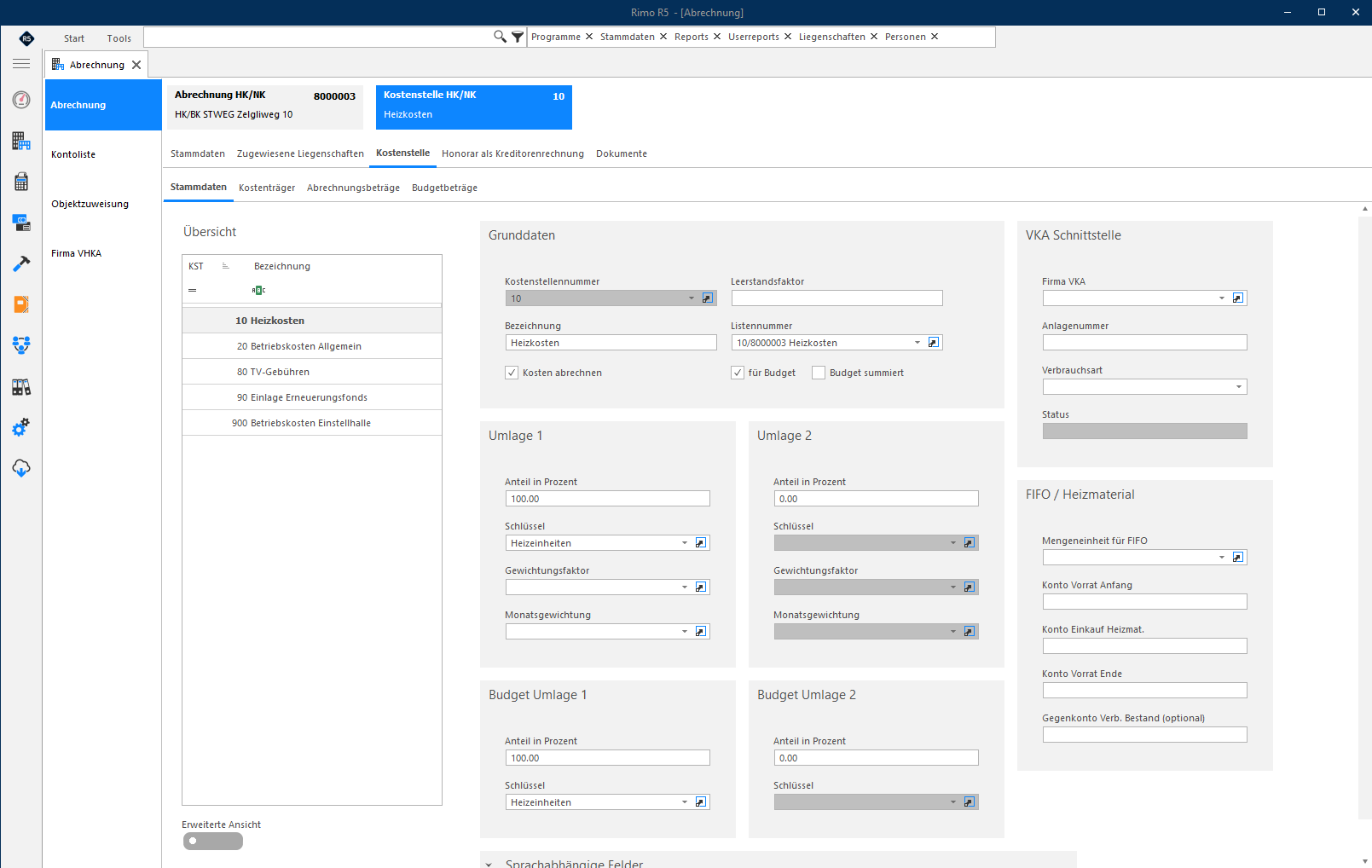 Screenshot: Kostenstelle mit Umlage-, Budget- und FIFO-Einstellungen