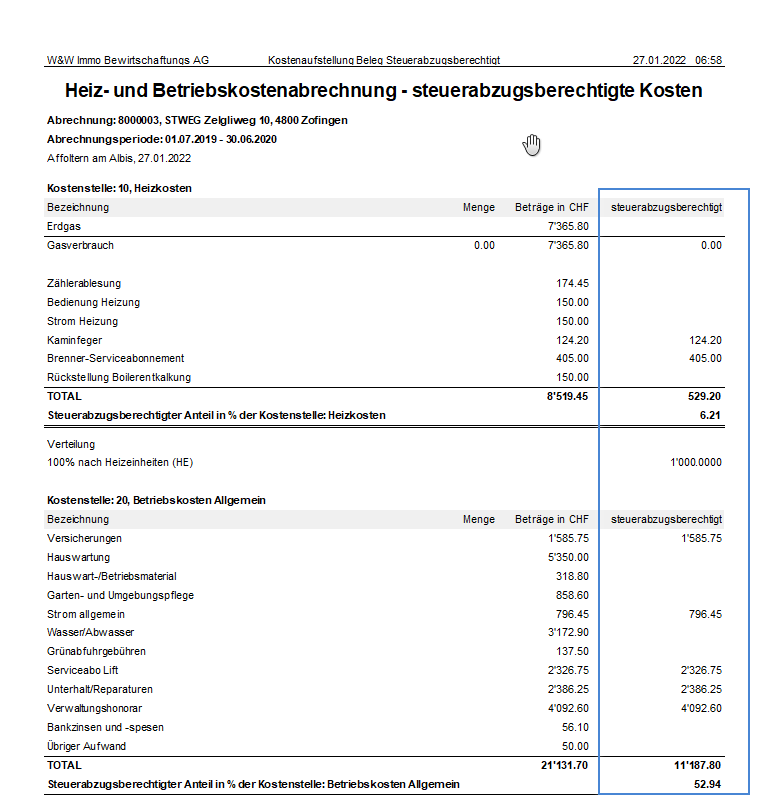 Screenshot: Heiz- und Betriebskostenabrechnung mit Spalte «steuerabzugsberechtigt»