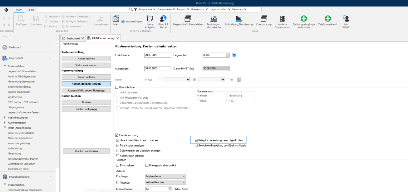 Screenshot: Kostenverteilung «Kosten definitiv setzen» mit aktivierter Option «Beleg für steuerabzugsberechtigte Kosten»