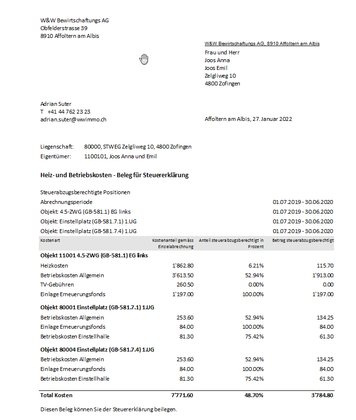 Screenshot: Individueller Beleg für die Steuererklärung eines STEG-Eigentümers