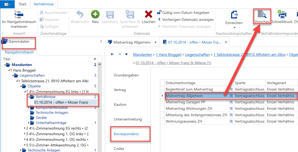 Screenshot: 3.2 Verhältniskorrespondenz hinterlegen