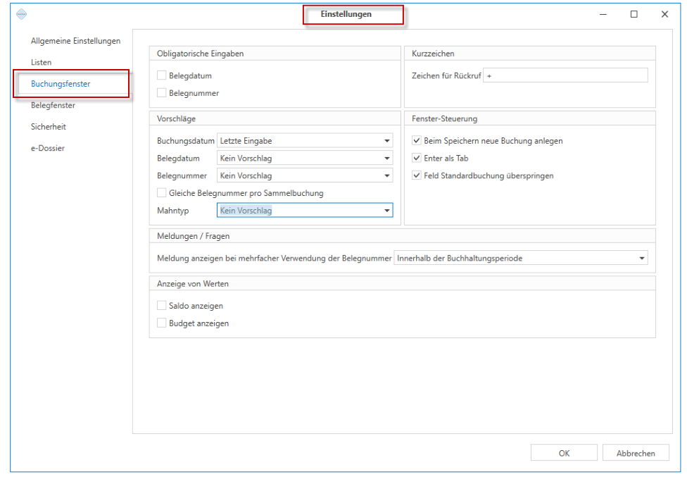 Screenshot: 4.0 Einstellungen Buchungsmaske