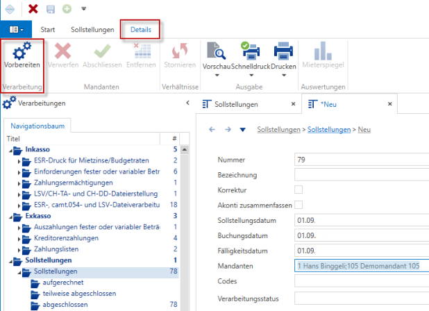 Screenshot: 7.3 Sollstellung vorbereiten